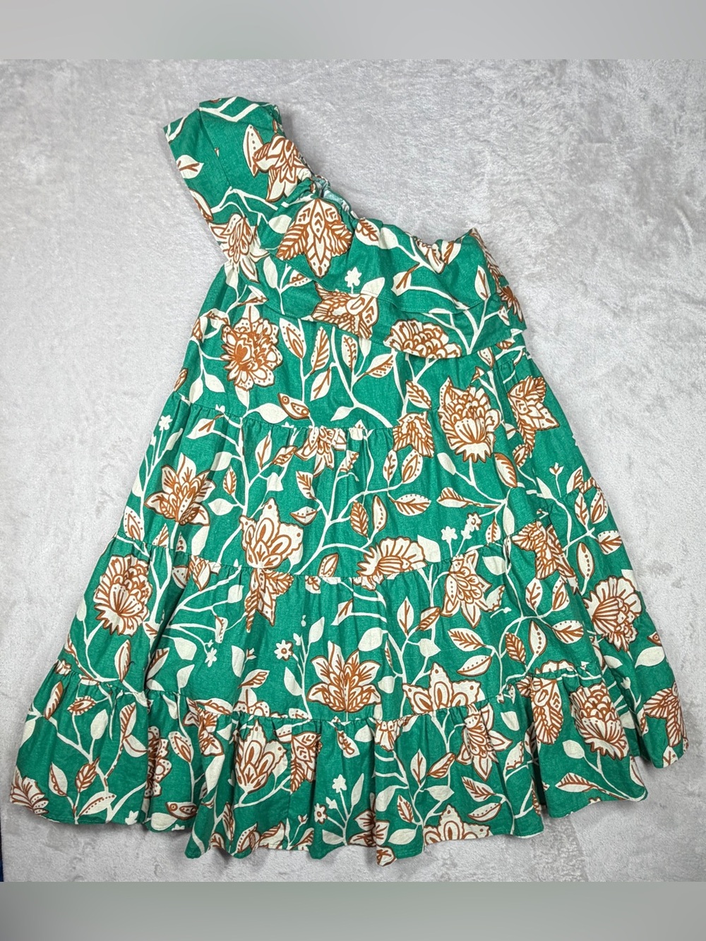 Sezane Leanore Gemini Floral Print One Shoulder Tiered Ruffle Green Dress 34 XS - Picture 4 of 16